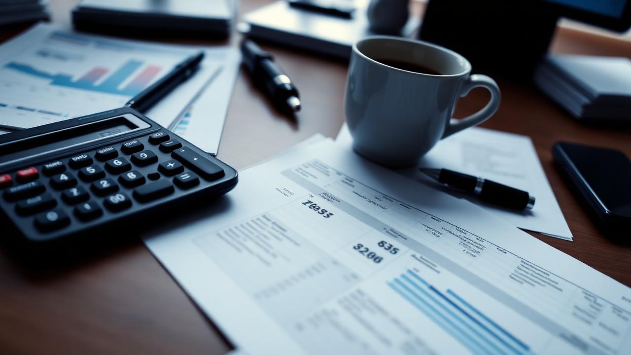 Calculator, financial statements and coffee on an office desk