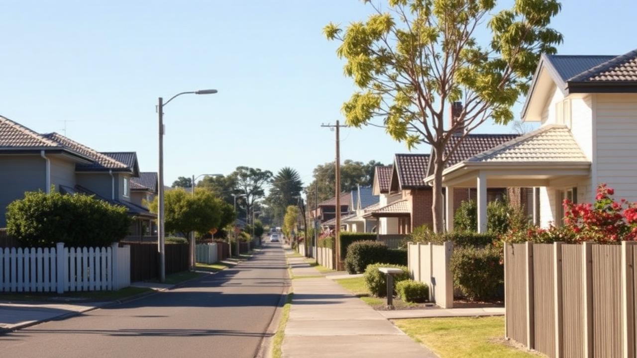 Quiet Australian suburban street of houses on a sunny day