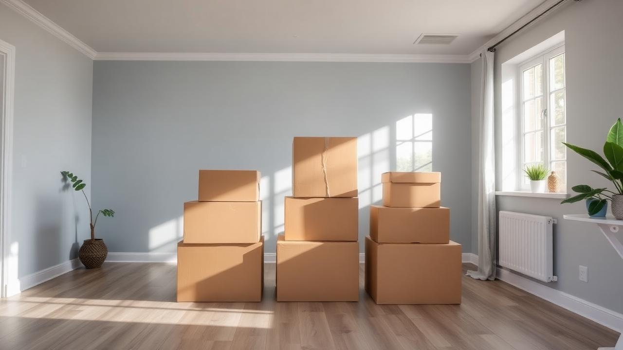 Empty living room with moving boxes and natural light
