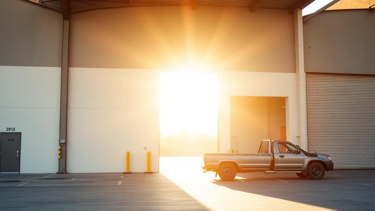 Industrial warehouse unit with open roller door in morning sun