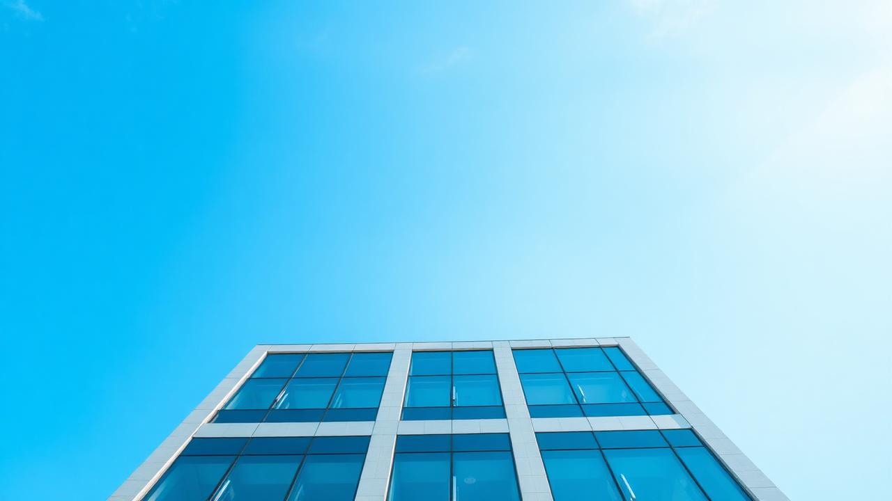 Modern glass commercial office building against a blue sky