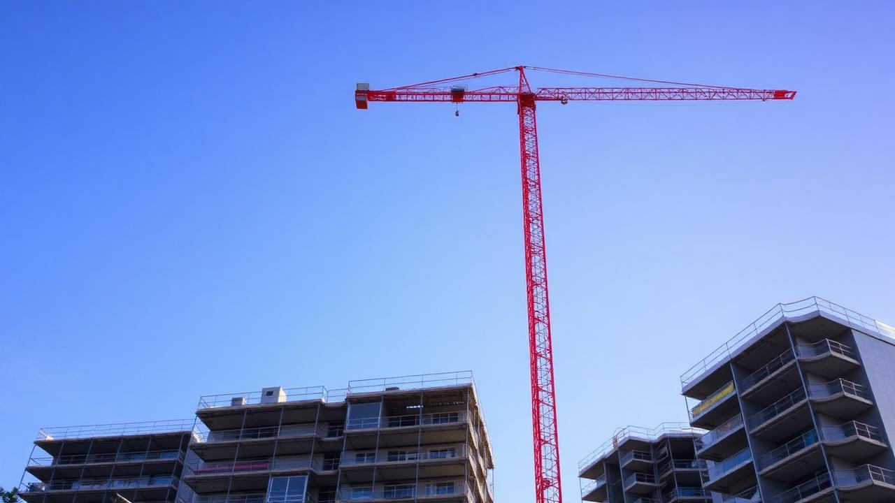 Residential construction site with tower crane against blue sky