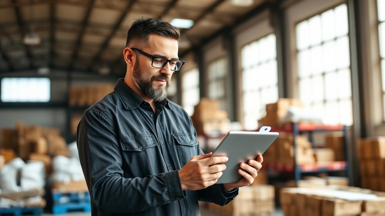 Business owner reviewing paperwork on a tablet in a warehouse